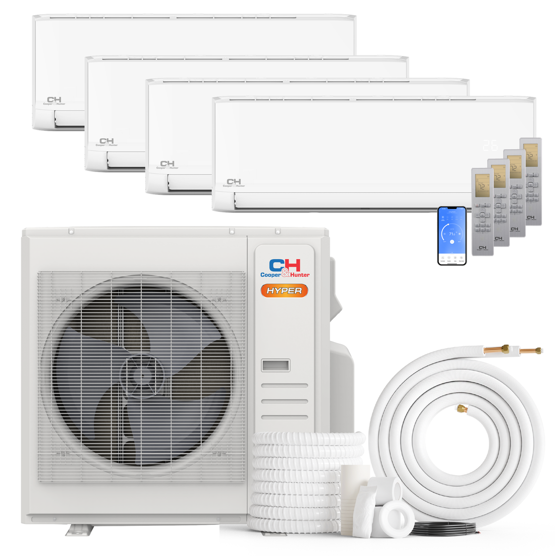 HVACSupplies.com | Cooper&Hunter Hyper Heat Olivia Series 4-Zone Ductless Mini Split AC & Heat Pump -- 36000 BTU (3.0 Ton) Without Shut-off Valves, Wall Mount Units (6K+9K+9K+24K) BTU, Inverter Technology, 230V, Heating & Cooling 