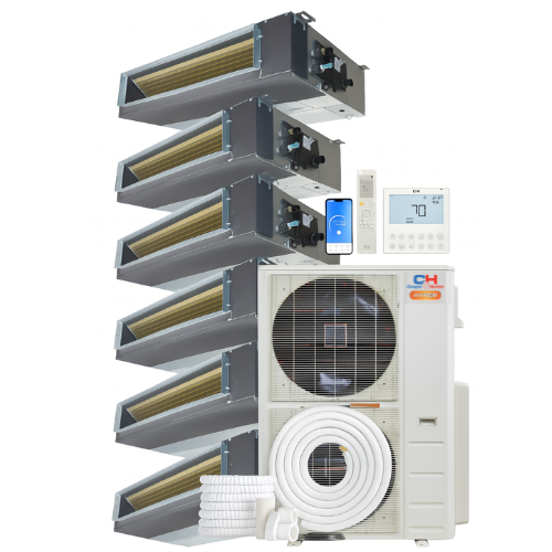 Cooper&Hunter Hyper Heat 6-Zone Ducted Mini Split AC & Heat Pump -- 55000 BTU (4.6 Ton) Without Shut-off Valves, Slim Ducts Units (9K+9K+12K+12K+12K+18K) BTU, Inverter Technology, 230V, Heating & Cooling
