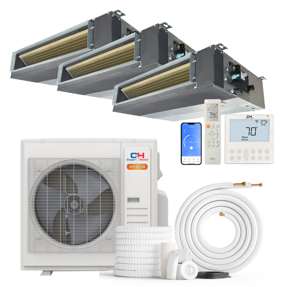 Cooper&Hunter Hyper Heat 3-Zone Ducted Mini Split AC & Heat Pump -- 36000 BTU (3.0 Ton) Without Shut-off Valves, Slim Ducts Units (6K+18K+18K) BTU, Inverter Technology, 230V, Heating & Cooling