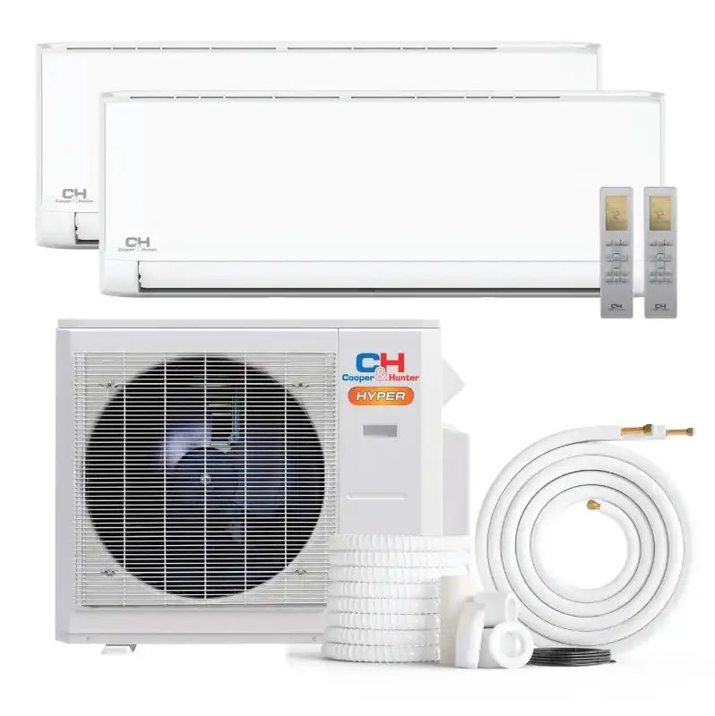 Cooper & Hunter | 19,000 BTU Hyper Cooling and Heating Dual 2 Zone 9,000 BTU + 9,000 BTU, R410A, 21.5 SEER, Wall Mount Ductless Mini Split Heat Pump Air Conditioning System with Installation Kits and Wi-Fi Adapter Included | CLICK HERE TO CONTACT US FOR CUSTOM QUOTES AND QUESTIONS 
CLICK TO CALL US 737-738-6329 FOR ANY QUES