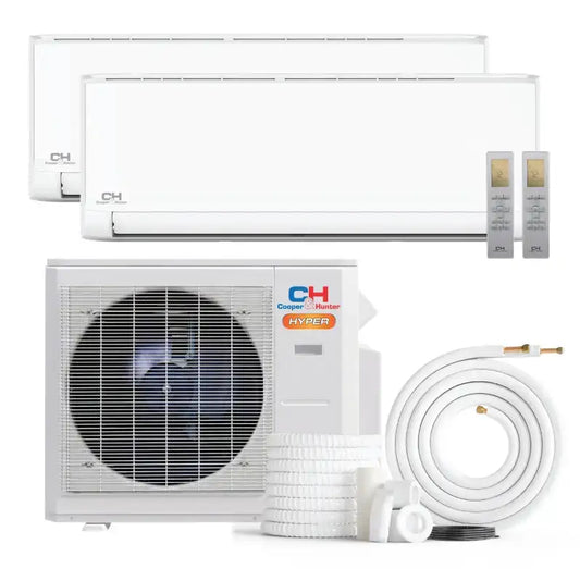 Cooper & Hunter | 19,000 BTU Hyper Cooling and Heating Dual 2 Zone 9,000 BTU + 9,000 BTU, R410A, 21.5 SEER, Wall Mount Ductless Mini Split Heat Pump Air Conditioning System with Installation Kits and Wi-Fi Adapter Included | CLICK HERE TO CONTACT US FOR CUSTOM QUOTES AND QUESTIONS 
CLICK TO CALL US 737-738-6329 FOR ANY QUES