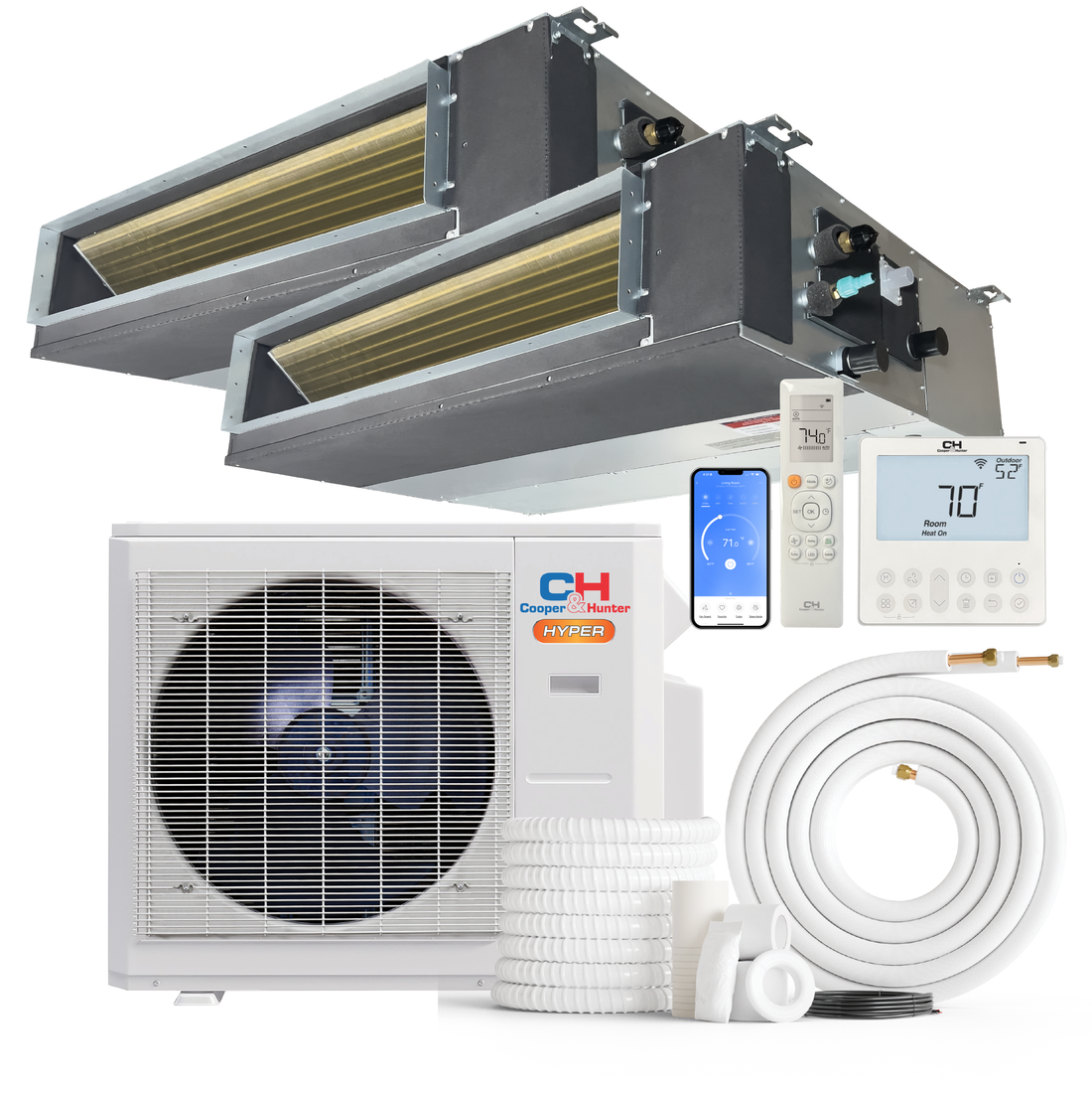 South Mini Splits | Cooper&Hunter Hyper Heat 2-Zone Ducted Mini Split AC & Heat Pump -- 28000 BTU (2.3 Ton) Without Shut-off Valves, Slim Ducts Units (6K+24K) BTU, Inverter Technology, 230V, Heating & Cooling 