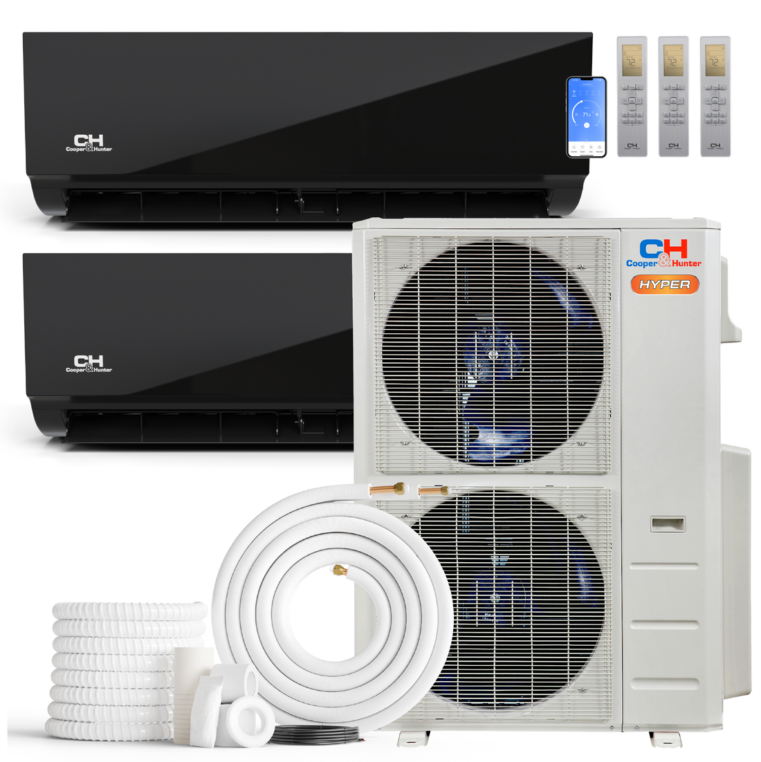Cooper&Hunter Hyper Heat Olivia Midnight Series 2-Zone Ductless Mini Split AC & Heat Pump -- 55000 BTU (4.6 Ton) Without Shut-off Valves, Wall Mount Units (12K+24K) BTU, Inverter Technology, 230V, Heating & Cooling