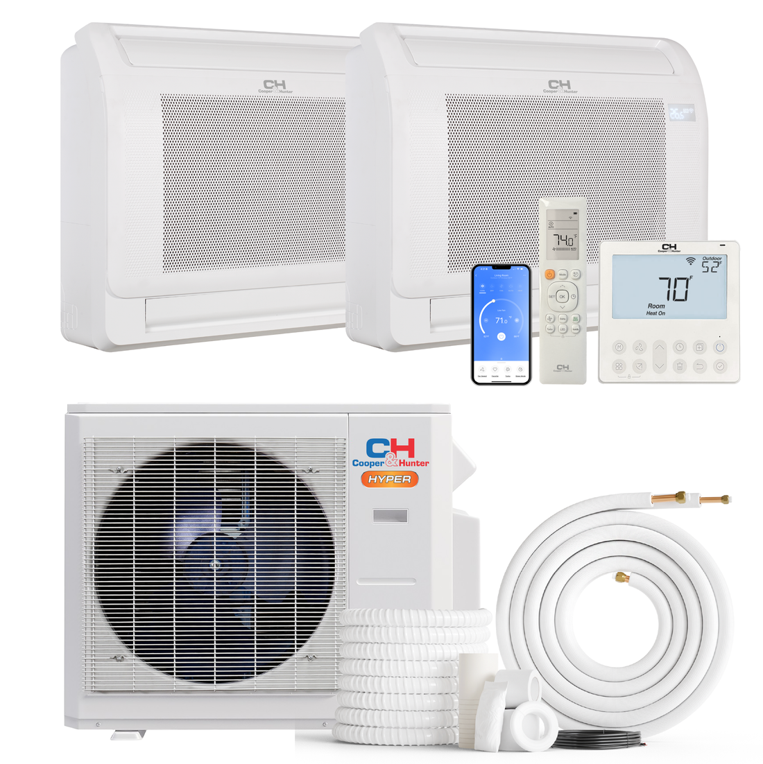 Cooper&Hunter Hyper Heat 2-Zone Ductless Mini Split AC & Heat Pump -- 28000 BTU (2.3 Ton) Without Shut-off Valves, Floor Console Units (12K+18K) BTU, Inverter Technology, 230V, Heating & Cooling