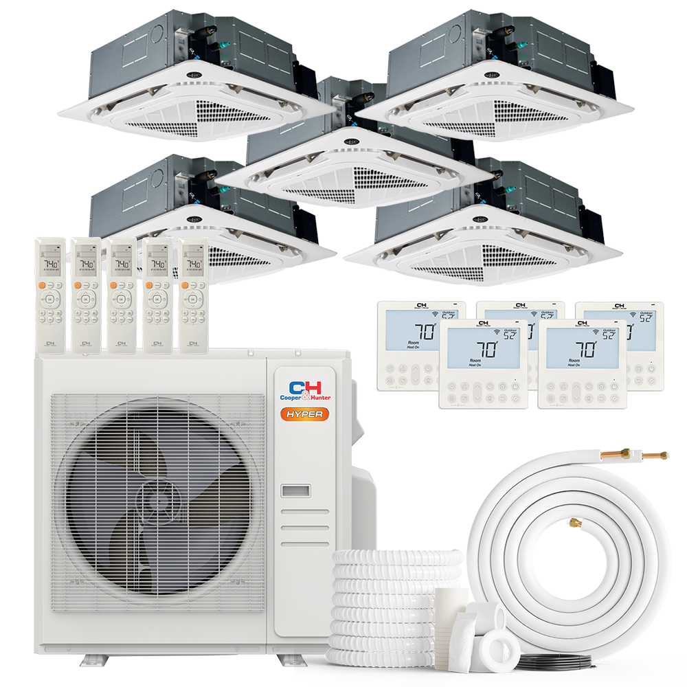 HVACSupplies.com | Cooper&Hunter Hyper Heat 5-Zone Ductless Mini Split AC & Heat Pump -- 36000 BTU (3.0 Ton) Without Shut-off Valves, 4-Way Ceiling Cassette Units (9K+9K+9K+9K+12K) BTU, Inverter Technology, 230V, Heating & Cooling 