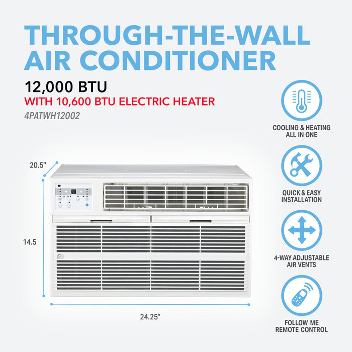 Perfect Aire 12,000 BTU 230V Through-the-Wall Air Conditioner with 10,600 BTU Electric Heater, Follow-Me Remote Control