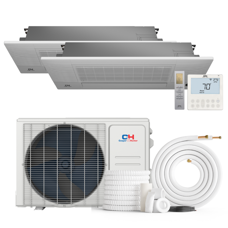 Cooper&Hunter 2-Zone Mini Split AC & Heat Pump -- 18000 (1.5 Ton), One Way Ceiling Cassette Units (6K+6K BTU), Inverter Technology, 230V, Heating & Cooling - R410A