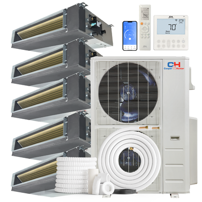 Cooper&amp;Hunter 5-Zone Mini Split AC &amp; Heat Pump -- 60000 (5.0 Ton), Slim Duct Units (9K+9K+9K+9K+12K BTU), Inverter Technology, 230V, Heating &amp; Cooling - R454B