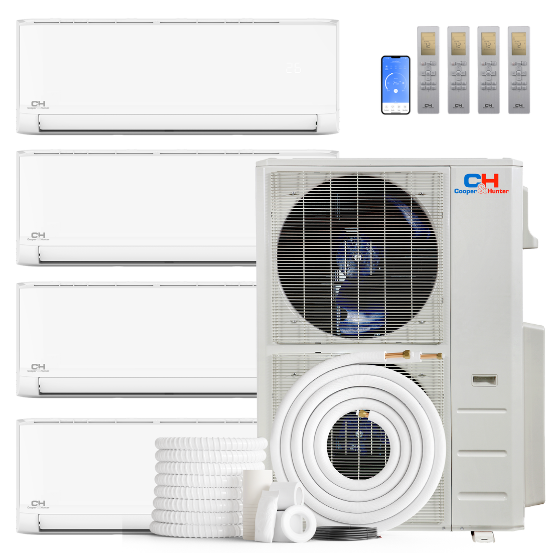 Cooper&Hunter Olivia Series 4-Zone Ductless Mini Split AC & Heat Pump -- 48000 BTU (4.0 Ton), Wall Mount Units (9K+12K+12K+18K) BTU, Inverter Technology, 230V, Heating & Cooling - R454B
