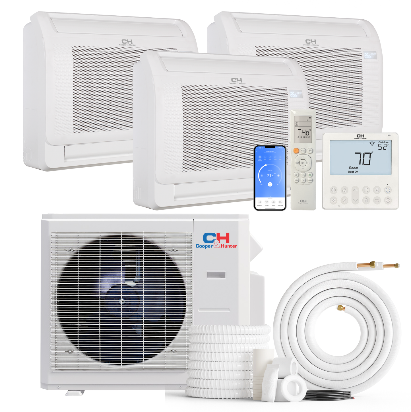 Cooper&Hunter 3-Zone Mini Split AC & Heat Pump -- 36000 (3.0 Ton), Mini Floor Console Units (9K+18K+18K BTU), Inverter Technology, 230V, Heating & Cooling - R454B
