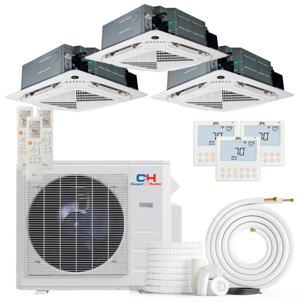 Cooper&Hunter 3-Zone Ductless Mini Split AC & Heat Pump -- 28000 (2.3 Ton), Ceiling Cassette Units (9K+9K+18K BTU), Inverter Technology, 230V, Heating & Cooling - R454B