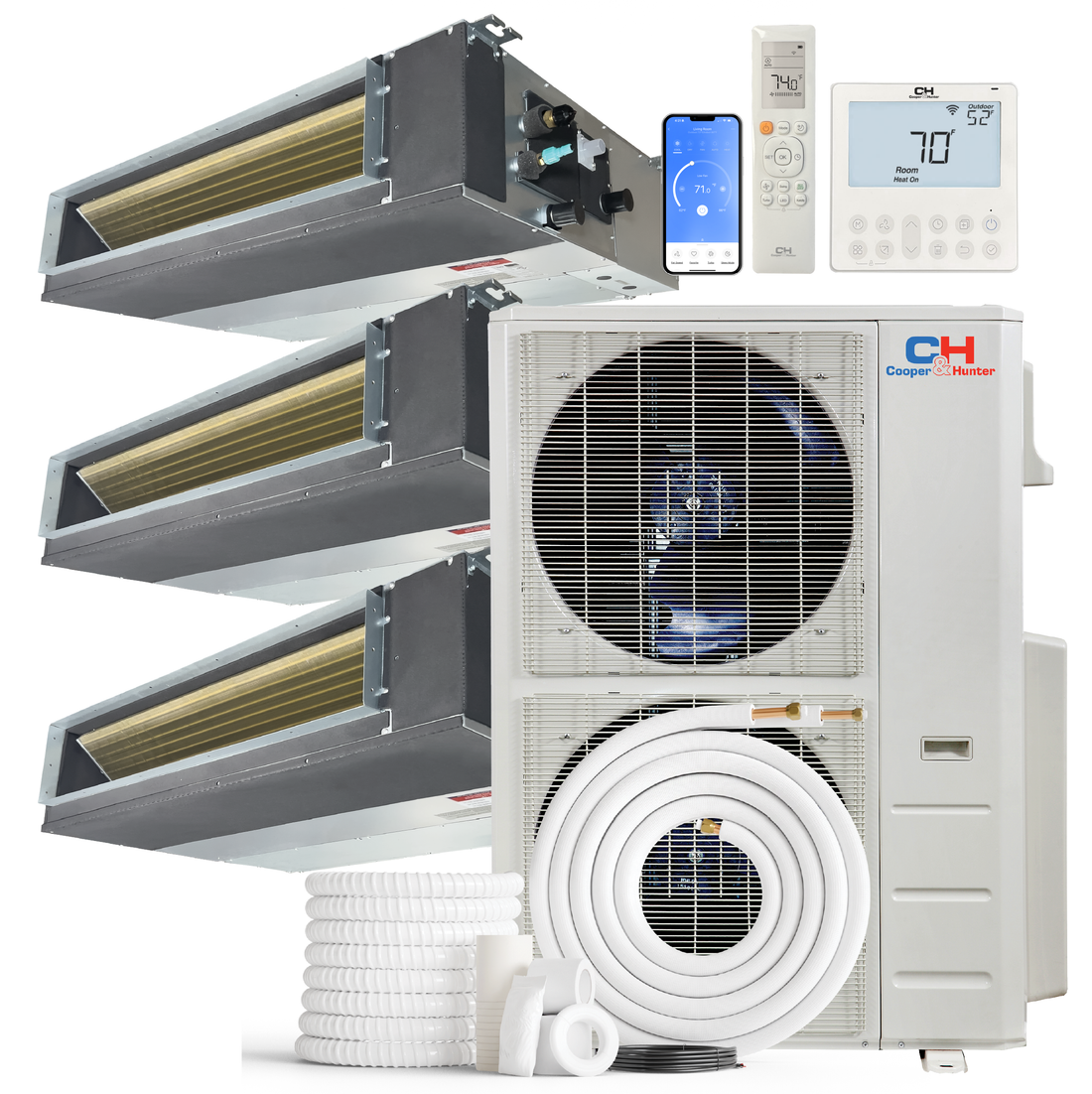 Cooper&Hunter 3-Zone Mini Split AC & Heat Pump -- 60000 (5.0 Ton), Slim Duct Units (9K+9K+12K BTU), Inverter Technology, 230V, Heating & Cooling - R454B - South Mini Splits