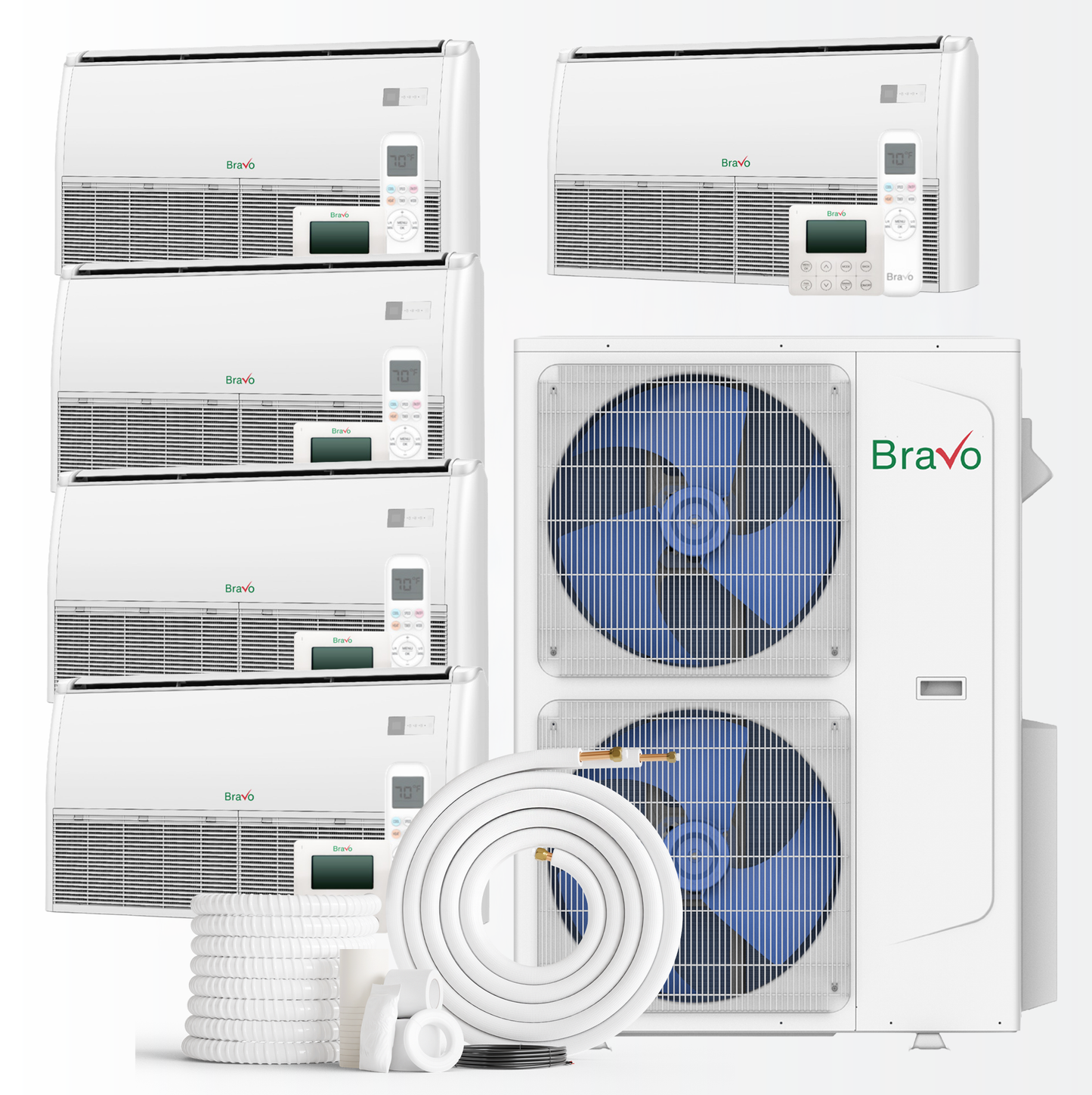 Bravo Milano Series 5-Zone Ductless Mini Split AC & Heat Pump -- 42000 BTU (3.5 Ton), Universal Floor Ceiling Units (9K+9K+12K+12K+18K) BTU, Inverter Technology, 230V, Heating & Cooling