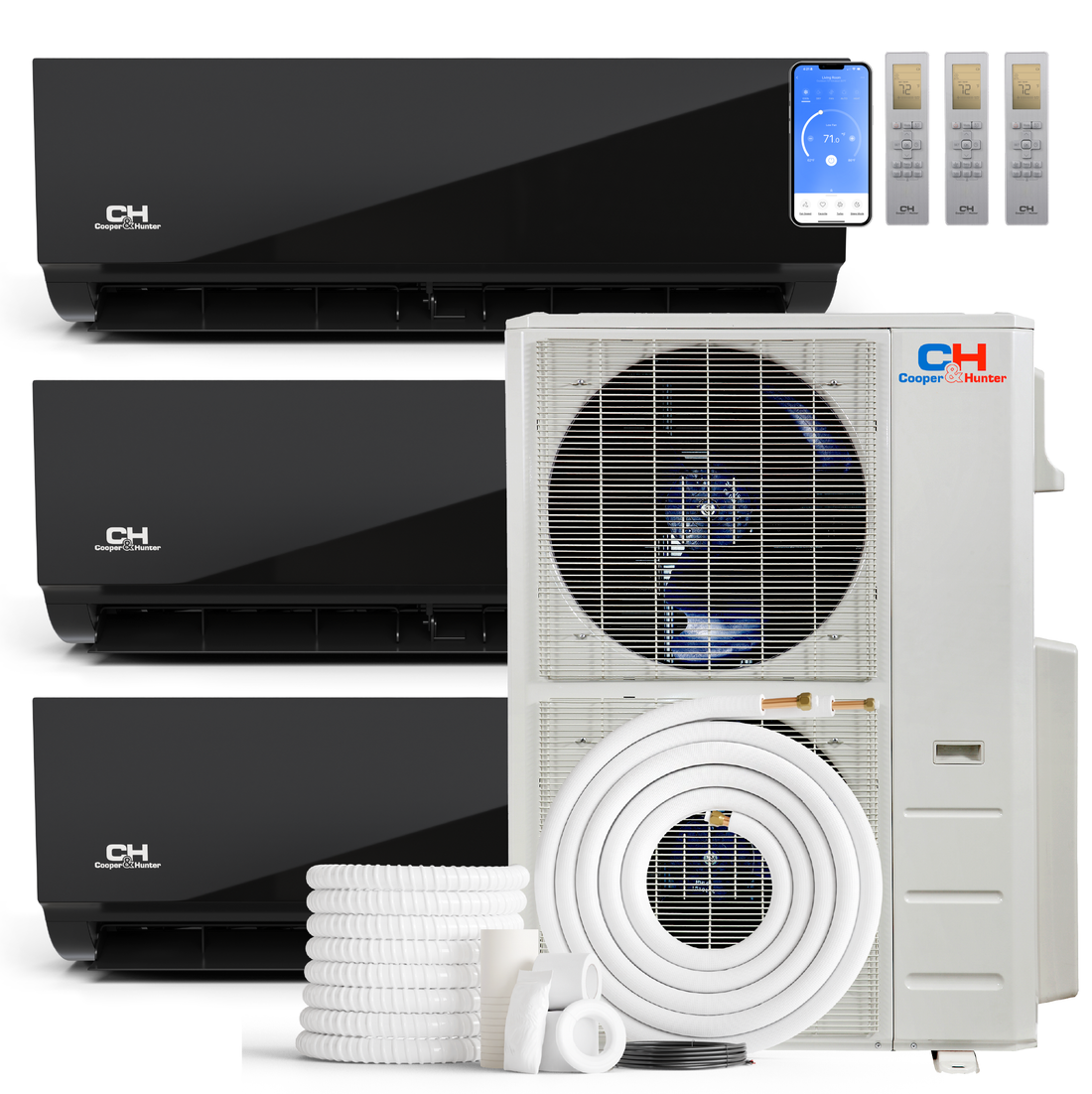Cooper&Hunter 3-Zone Mini Split AC & Heat Pump -- 60000 (5.0 Ton), Wall Mount Units (9K+9K+18K BTU), Inverter Technology, 230V, Heating & Cooling - R454B - South Mini Splits