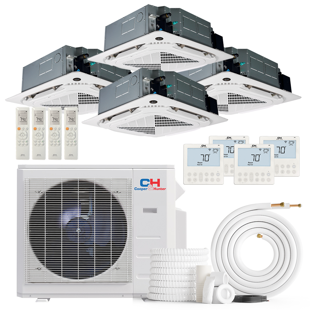Cooper&Hunter 4-Zone Ductless Mini Split AC & Heat Pump -- 28000 (2.3 Ton), Ceiling Cassette Units (9K+9K+9K+9K BTU), Inverter Technology, 230V, Heating & Cooling - R454B