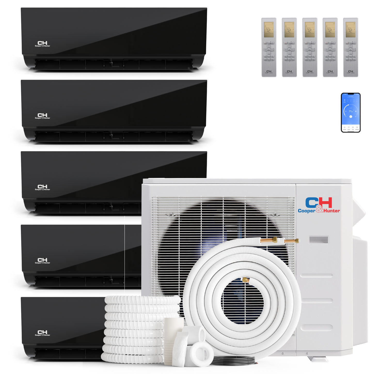 Cooper&Hunter 5-Zone Mini Split AC & Heat Pump -- 36000 (3.0 Ton), Wall Mount Units (9K+9K+9K+9K+9K BTU), Inverter Technology, 230V, Heating & Cooling - R454B