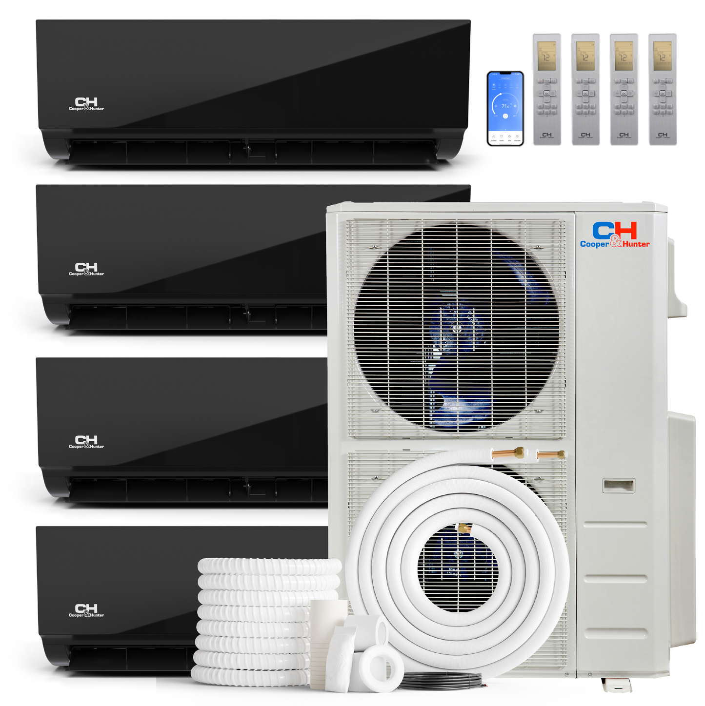 Cooper&Hunter 4-Zone Mini Split AC & Heat Pump -- 48000 (4.0 Ton), Wall Mount Units (9K+9K+18K+18K BTU), Inverter Technology, 230V, Heating & Cooling - R454B