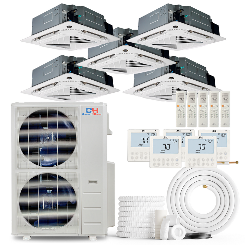Cooper&Hunter 5-Zone Mini Split AC & Heat Pump -- 60000 (5.0 Ton), Ceiling Cassette Units (9K+9K+12K+12K+12K BTU), Inverter Technology, 230V, Heating & Cooling - R454B