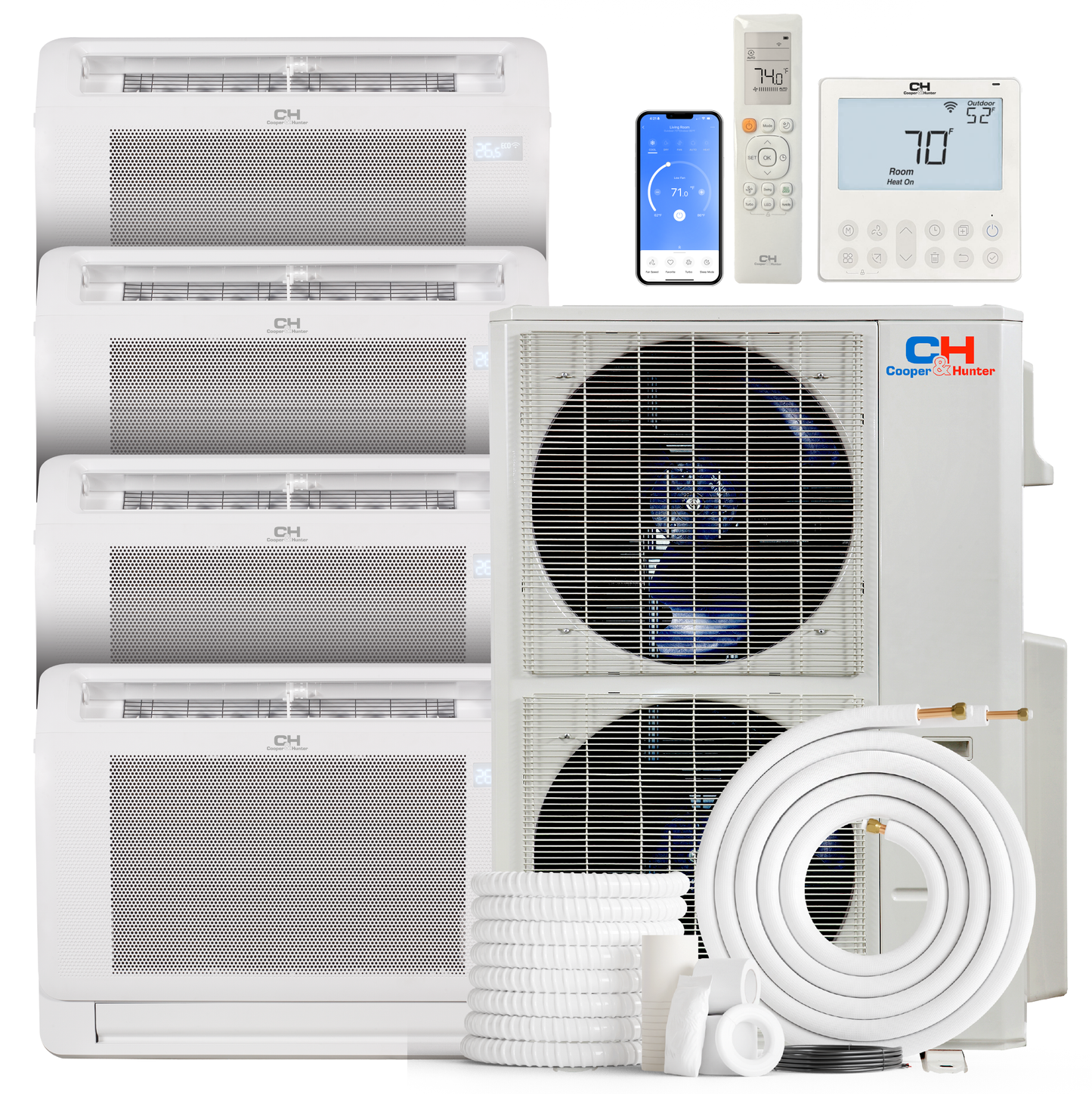 Cooper&Hunter 4-Zone Mini Split AC & Heat Pump -- 60000 (5.0 Ton), Mini Floor Console Units (9K+9K+12K+12K BTU), Inverter Technology, 230V, Heating & Cooling - R454B