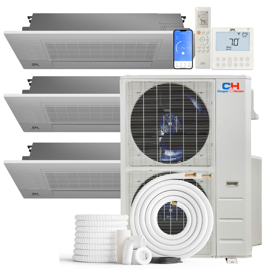 Cooper&Hunter 3-Zone Mini Split AC & Heat Pump -- 48000 (4.0 Ton), One-Way Ceiling Cassette Units (9K+9K+9K BTU), Inverter Technology, 230V, Heating & Cooling - R454B - South Mini Splits