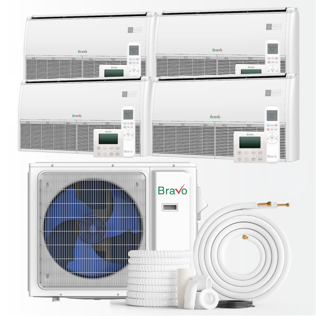 Bravo Milano Series 4-Zone Ductless Mini Split AC & Heat Pump -- 36000 BTU (3.0 Ton), Universal Floor Ceiling Units (9K+12K+12K+12K) BTU, Inverter Technology, 230V, Heating & Cooling