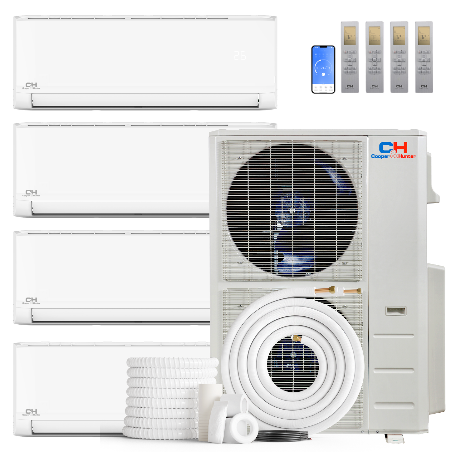 Cooper&Hunter Olivia Series 4-Zone Ductless Mini Split AC & Heat Pump -- 60000 BTU (5.0 Ton), Wall Mount Units (6K+9K+9K+9K) BTU, Inverter Technology, 230V, Heating & Cooling - R454B