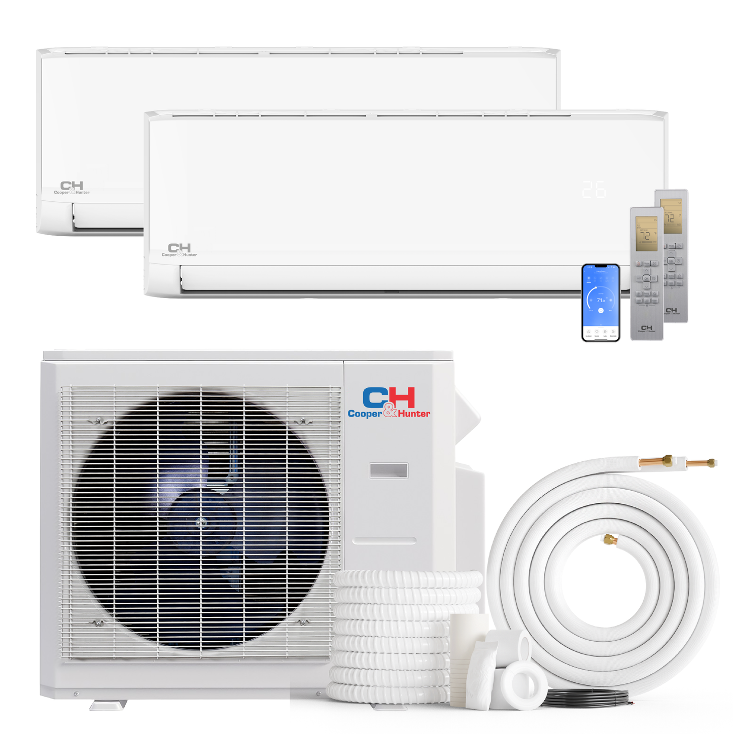 Cooper&Hunter Olivia Series 2-Zone Ductless Mini Split AC & Heat Pump -- 28000 BTU (2.3 Ton), Wall Mount Units (9K+12K) BTU, Inverter Technology, 230V, Heating & Cooling - R454B