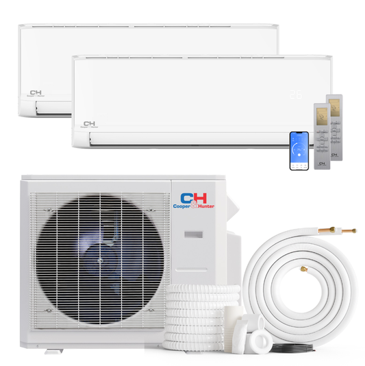 Cooper&Hunter Olivia Series 2-Zone Ductless Mini Split AC & Heat Pump -- 28000 BTU (2.3 Ton), Wall Mount Units (9K+12K) BTU, Inverter Technology, 230V, Heating & Cooling - R454B