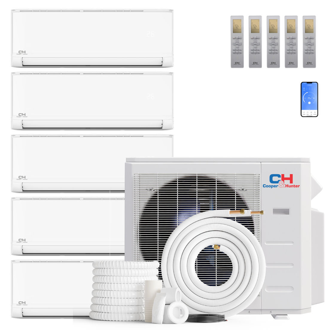 Cooper&Hunter Olivia Series 5-Zone Ductless Mini Split AC & Heat Pump -- 36000 BTU (3.0 Ton), Wall Mount Units (6K+9K+9K+9K+12K) BTU, Inverter Technology, 230V, Heating & Cooling - R454B