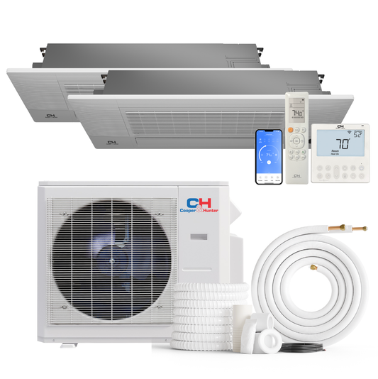 Cooper&Hunter 2-Zone Mini Split AC & Heat Pump -- 36000 (3.0 Ton), One-Way Ceiling Cassette Units (18K+18K BTU), Inverter Technology, 230V, Heating & Cooling - R454B