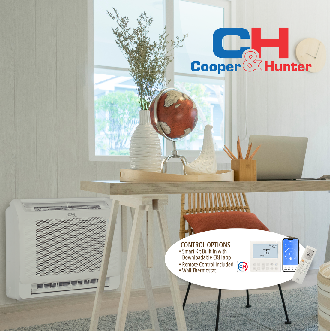 Cooper&Hunter 4-Zone Mini Split AC & Heat Pump -- 36000 (3.0 Ton), Mini Floor Console Units (9K+9K+9K+12K BTU), Inverter Technology, 230V, Heating & Cooling - R454B