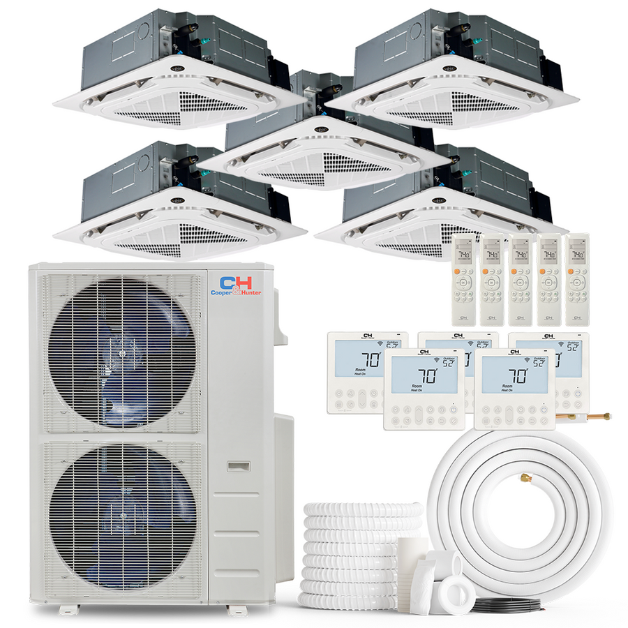 Cooper&Hunter 5-Zone Ductless Mini Split AC & Heat Pump -- 48000 (4.0 Ton), Ceiling Cassette Units (9K+9K+9K+12K+24K BTU), Inverter Technology, 230V, Heating & Cooling - R454B
