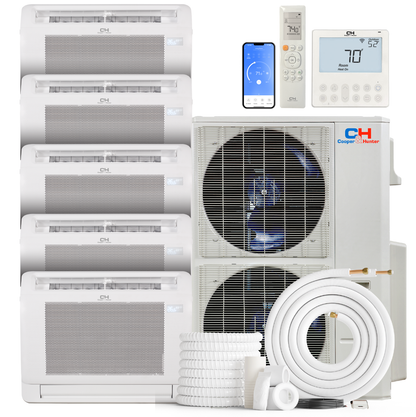 Cooper&amp;Hunter 5-Zone Mini Split AC &amp; Heat Pump -- 60000 (5.0 Ton), Mini Floor Console Units (9K+9K+12K+12K+18K BTU), Inverter Technology, 230V, Heating &amp; Cooling - R454B