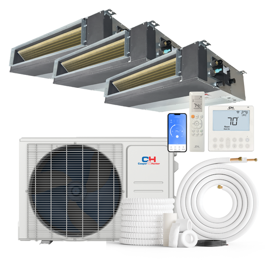 Cooper&Hunter 3-Zone Mini Split AC & Heat Pump -- 36000 (3.0 Ton), Slim Duct Units (9K+9K+12K BTU), Inverter Technology, 230V, Heating & Cooling - R454B