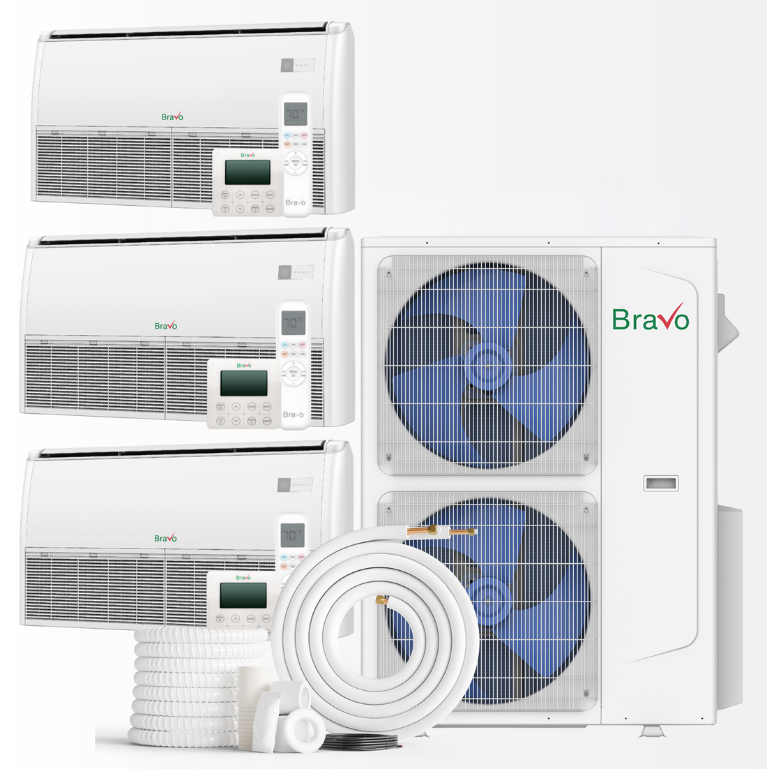 South Mini Splits | Bravo Milano Series 3-Zone Ductless Mini Split AC & Heat Pump -- 42000 BTU (3.5 Ton), Universal Floor Ceiling Units (12K+18K+24K) BTU, Inverter Technology, 230V, Heating & Cooling 