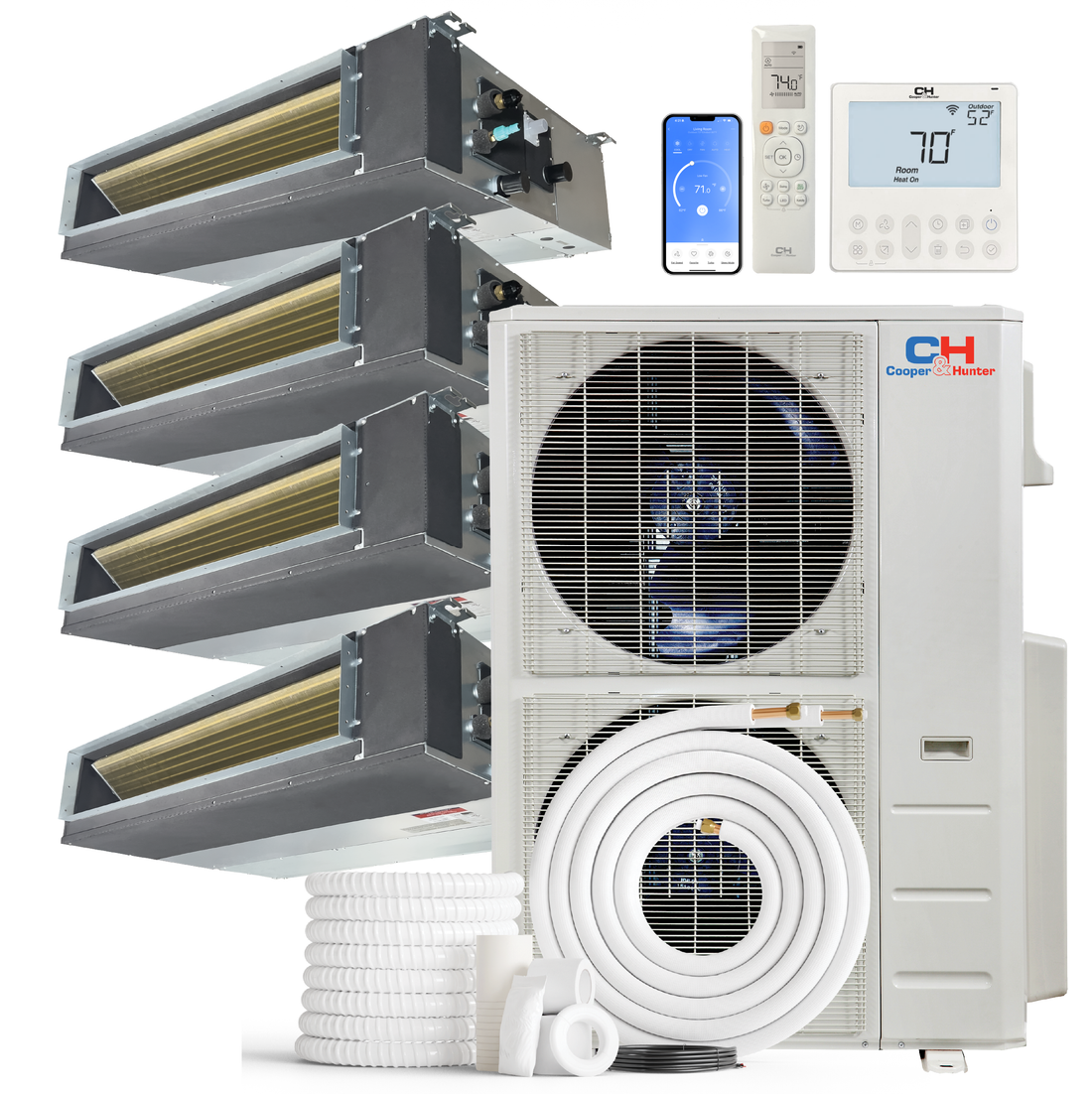 Cooper&Hunter 4-Zone Mini Split AC & Heat Pump -- 60000 (5.0 Ton), Slim Duct Units (9K+12K+18K+24K BTU), Inverter Technology, 230V, Heating & Cooling - R454B