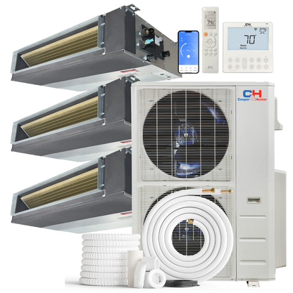Cooper&amp;Hunter 3-Zone Mini Split AC &amp; Heat Pump -- 60000 (5.0 Ton), Slim Duct Units (6K+6K+24K BTU), Inverter Technology, 230V, Heating &amp; Cooling - R454B