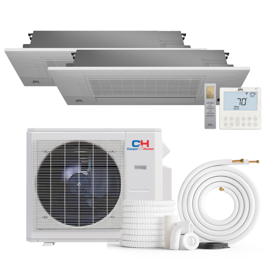 Cooper&Hunter 2-Zone Mini Split AC & Heat Pump -- 36000 (3.0 Ton), One Way Ceiling Cassette Units (9K+18K BTU), Inverter Technology, 230V, Heating & Cooling - R410A
