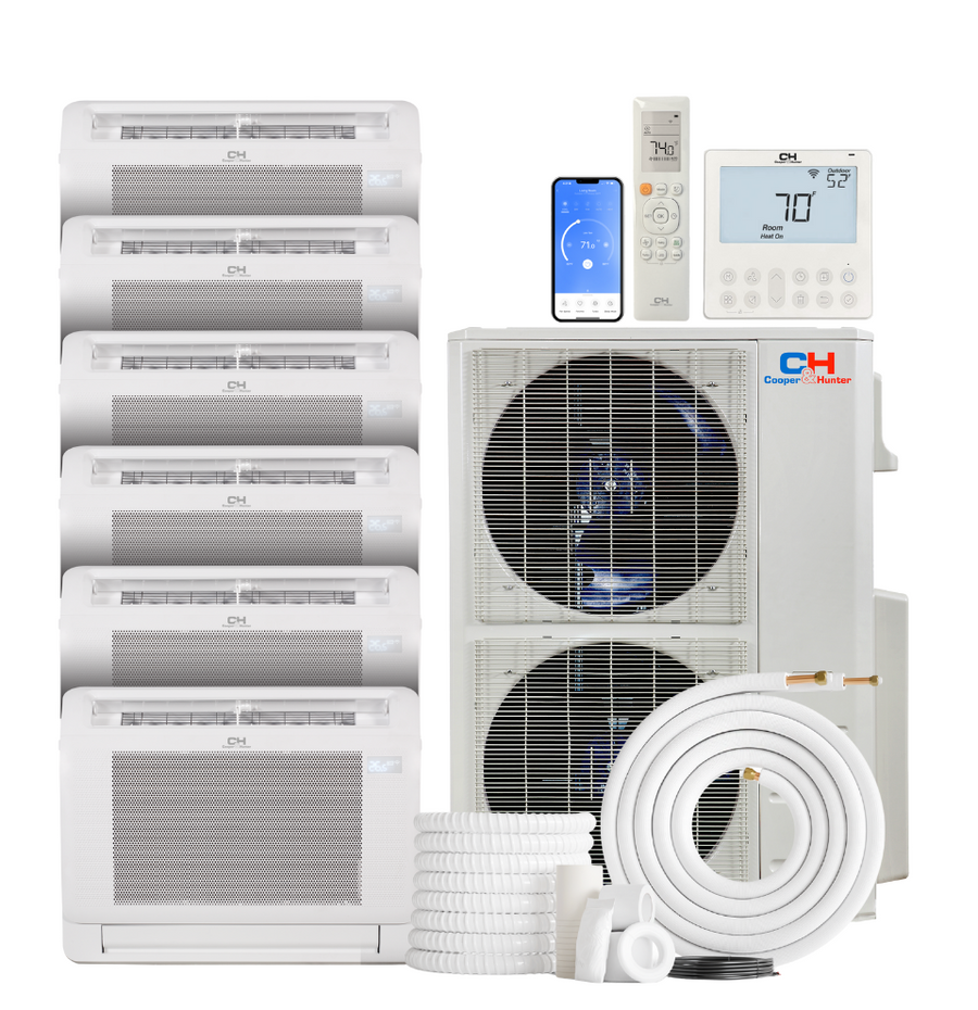 Cooper&Hunter 6-Zone Mini Split AC & Heat Pump -- 48000 (4.0 Ton), Mini Floor Console Units (9K+9K+9K+12K+12K+12K BTU), Inverter Technology, 230V, Heating & Cooling - R454B