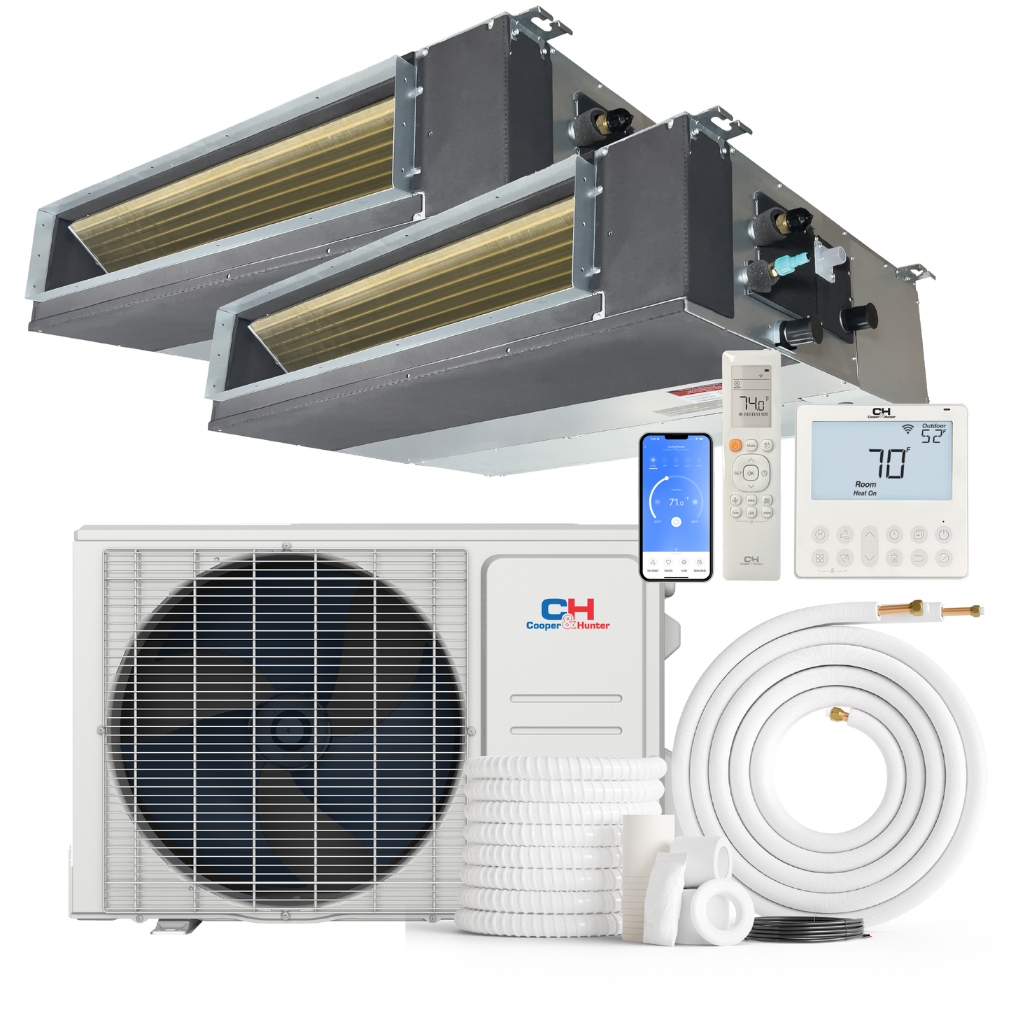 Cooper&Hunter 2-Zone Mini Split AC & Heat Pump -- 18000 (1.5 Ton), Slim Duct Units (6K+12K BTU), Inverter Technology, 230V, Heating & Cooling - R454B