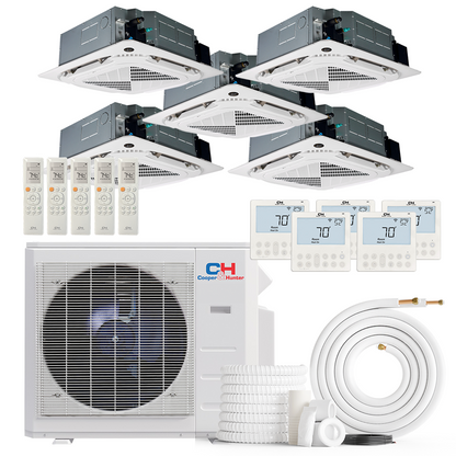 Cooper&amp;Hunter 5-Zone Ductless Mini Split AC &amp; Heat Pump -- 36000 (3.0 Ton), Ceiling Cassette Units (9K+9K+9K+9K+12K BTU), Inverter Technology, 230V, Heating &amp; Cooling - R454B