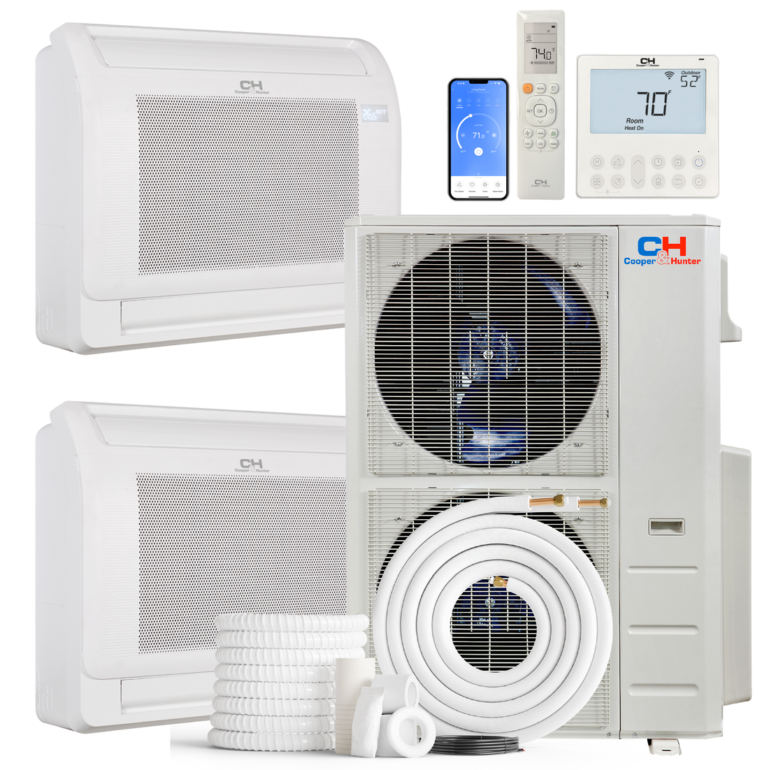 Cooper&Hunter 2-Zone Mini Split AC & Heat Pump -- 60000 (5.0 Ton), Mini Floor Console Units (9K+18K BTU), Inverter Technology, 230V, Heating & Cooling - R454B
