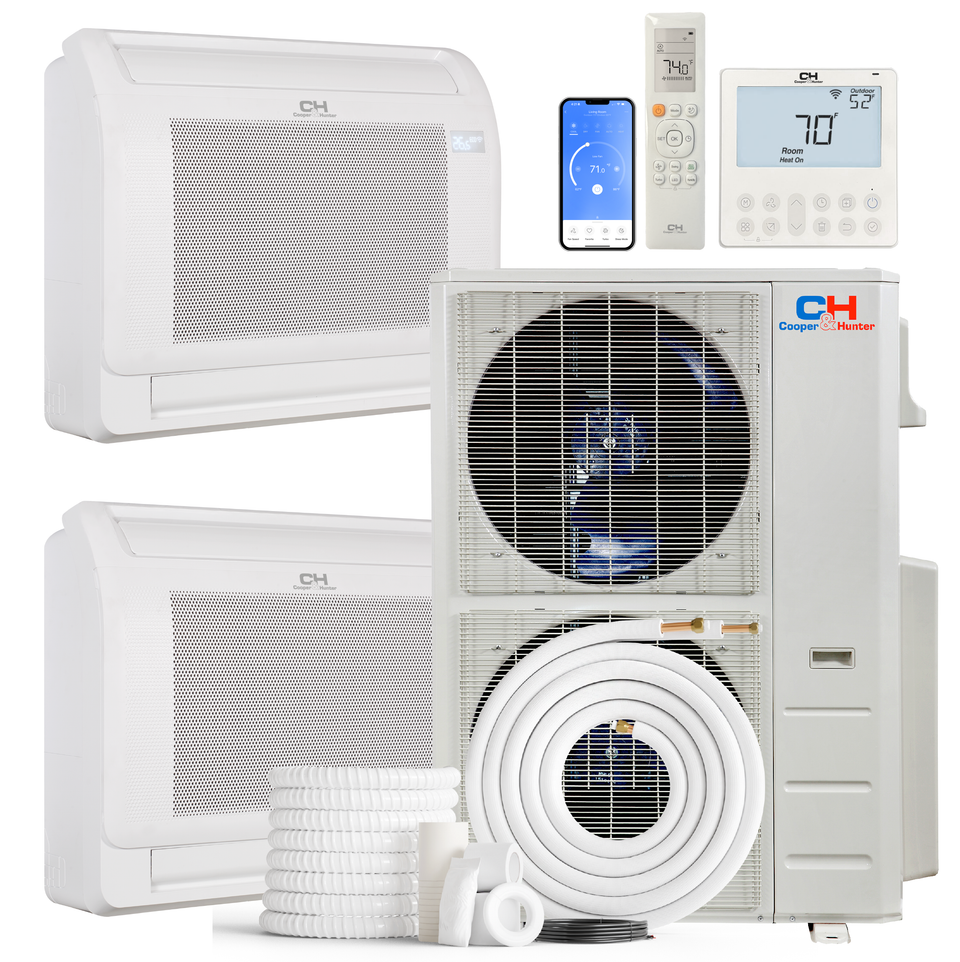 Cooper&Hunter 2-Zone Mini Split AC & Heat Pump -- 60000 (5.0 Ton), Mini Floor Console Units (9K+18K BTU), Inverter Technology, 230V, Heating & Cooling - R454B