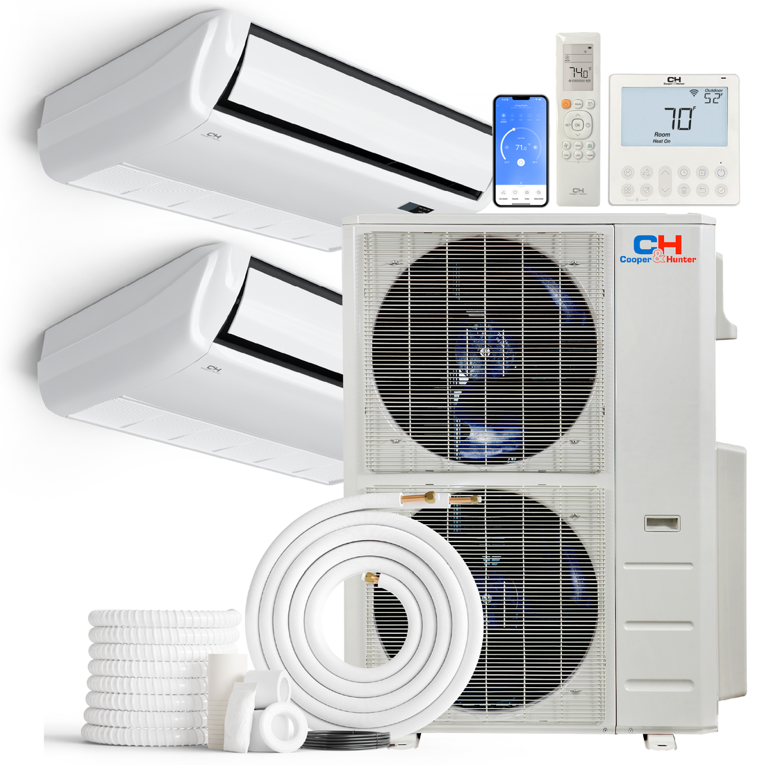 Cooper&Hunter 2-Zone Mini Split AC & Heat Pump -- 60000 (5.0 Ton), Universal Floor/Ceiling Units (18K+18K BTU), Inverter Technology, 230V, Heating & Cooling - R454B
