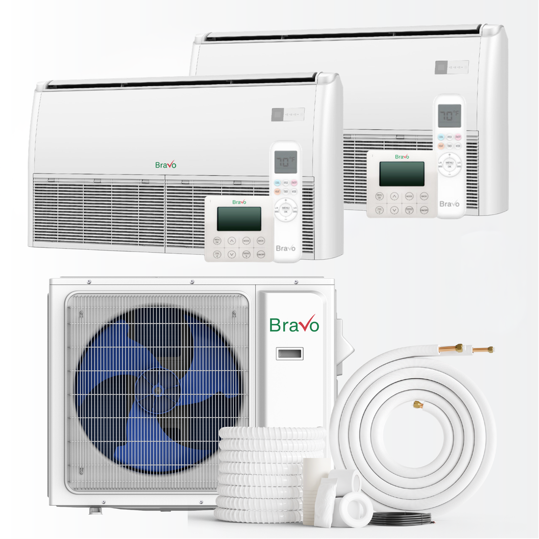 South Mini Splits | Bravo Milano Series 2-Zone Ductless Mini Split AC & Heat Pump -- 18000 BTU (1.5 Ton), Universal Floor Ceiling Units (9K+9K) BTU, Inverter Technology, 230V, Heating & Cooling 