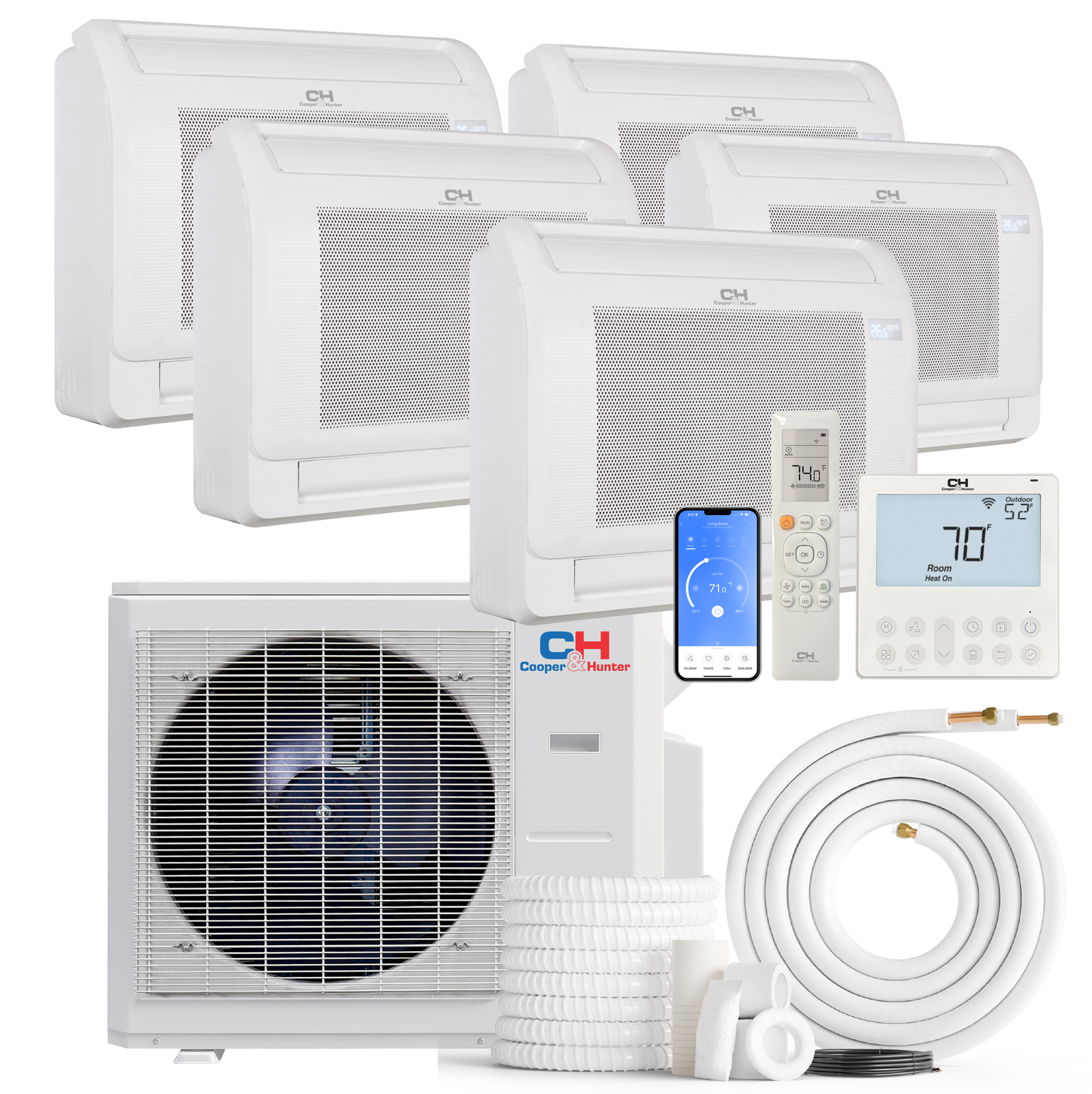Cooper&Hunter 5-Zone Mini Split AC & Heat Pump -- 36000 (3.0 Ton), Mini Floor Console Units (9K+9K+9K+9K+12K BTU), Inverter Technology, 230V, Heating & Cooling - R454B