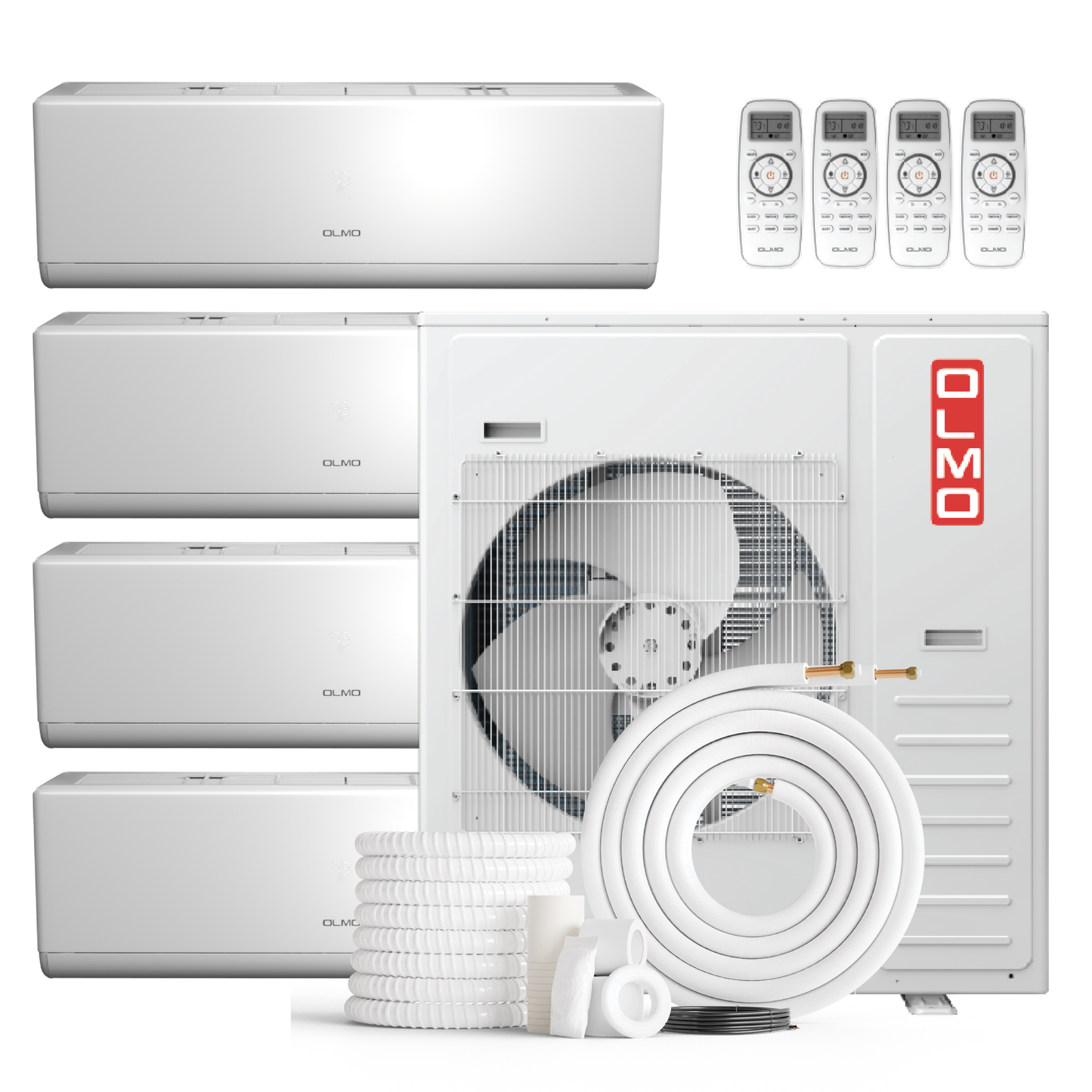 Olmo 4-Zone Mini Split AC & Heat Pump -- 42000 (3.5 Ton), Wall Mount Units (9K+9K+9K+9K BTU), Inverter Technology, 230V, Heating & Cooling - R454B