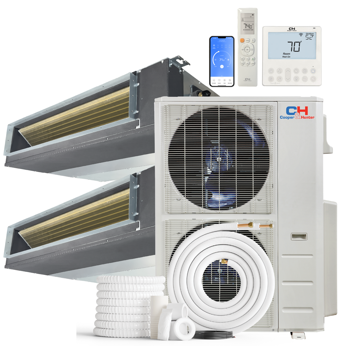 Cooper&Hunter 2-Zone Mini Split AC & Heat Pump -- 48000 (4.0 Ton), Slim Duct Units (12K+12K BTU), Inverter Technology, 230V, Heating & Cooling - R454B