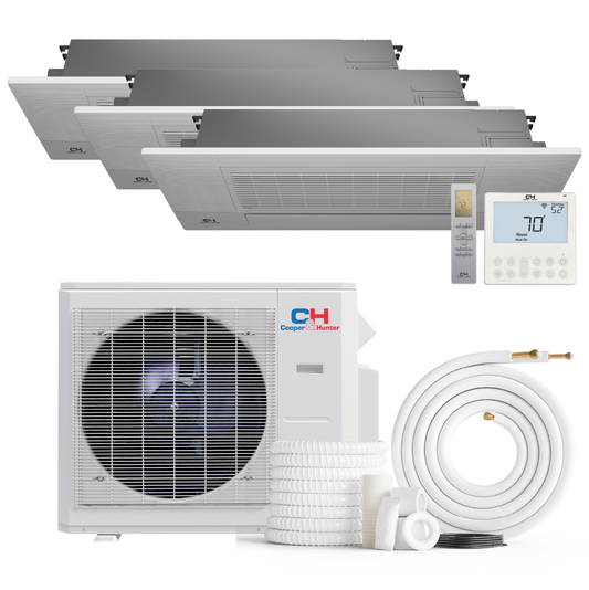 Cooper&Hunter 3-Zone Mini Split AC & Heat Pump -- 28000 (2.3 Ton), One Way Ceiling Cassette Units (6K+6K+18K BTU), Inverter Technology, 230V, Heating & Cooling - R410A