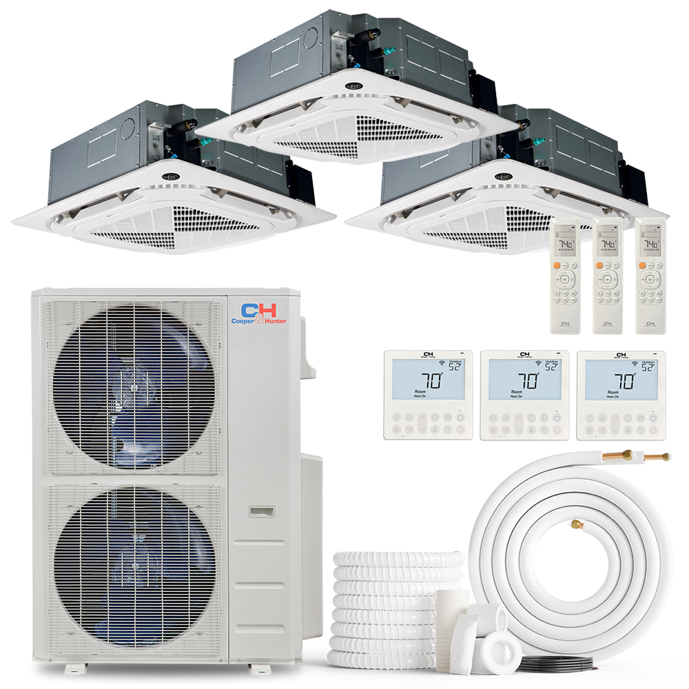 Cooper&Hunter 3-Zone Mini Split AC & Heat Pump -- 60000 (5.0 Ton), Ceiling Cassette Units (9K+9K+18K BTU), Inverter Technology, 230V, Heating & Cooling - R454B